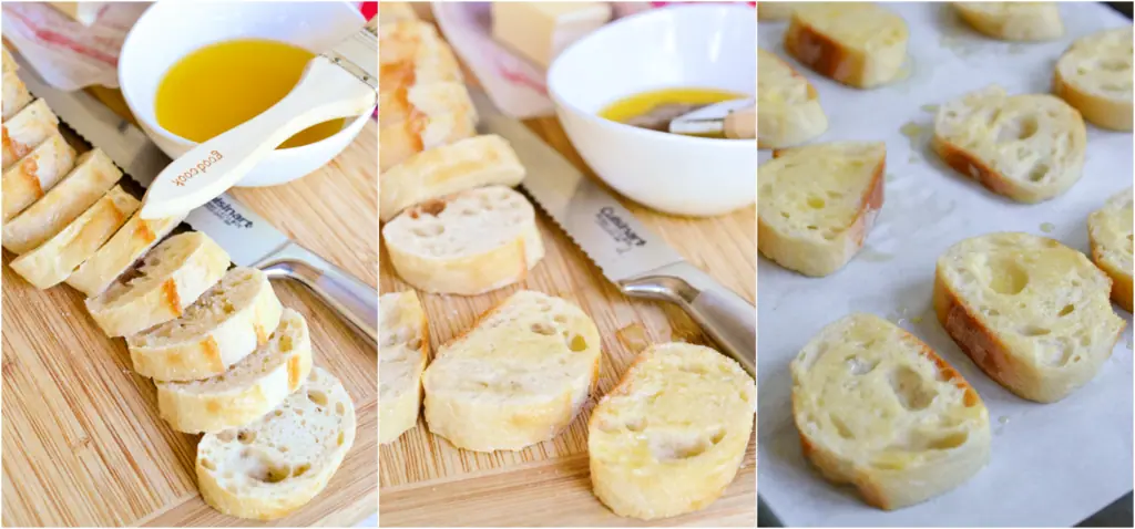 Start by slicing your day-old baguette into 1/3-1/2 inch thick slices with a serrated knife. In a small bowl, stir together the butter, olive oil, and garlic powder. Then, brush both sides of the bread with the butter mixture and place in a single layer on a baking sheet covered with parchment paper.