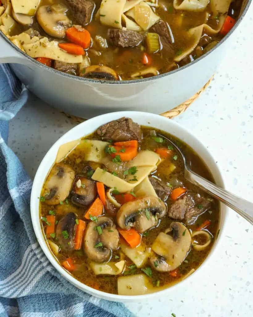 An individual serving bowl full of beef noodle soup with a large pot of it in the background. 