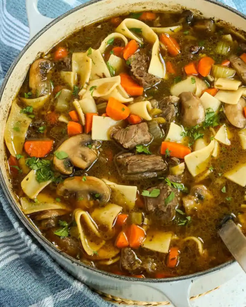 This Beef Noodle Soup Recipe combines tender chunks of beef, white button mushrooms, onion, celery, carrots, and egg noodles, all simmered to tasty perfection. 