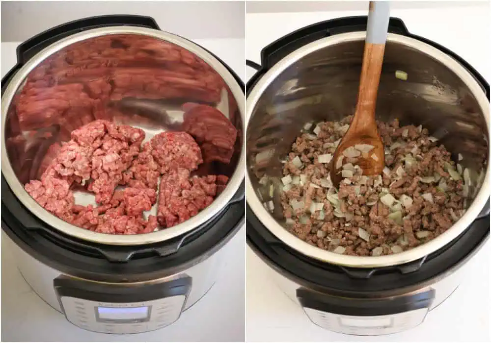 Steps for making instant pot chili. Turn the pressure cooker to sauté mode and add the ground beef. Cook until it is about halfway browned, breaking it up with a spatula or spoon as it cooks. Once the beef is halfway browned, add the onion and continue cooking until the beef is browned and the onion is soft.