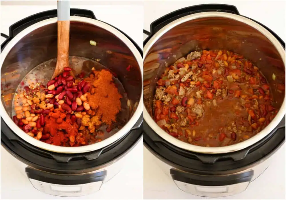 The steps for making instant pot chili. Add the beef broth, tomato paste, diced tomatoes with green chilies, fire-roasted diced tomatoes, dark red kidney beans, pinto beans, chili powder, ground cumin, smoked paprika, brown sugar, red pepper flakes, and ground cayenne. 