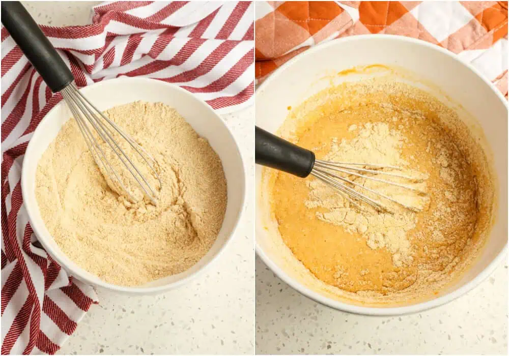 whisk the cornmeal, flour, baking powder, baking soda, cinnamon, nutmeg, and salt in a medium bowl. In a large bowl, stir the granulated sugar, brown sugar, milk, sour cream, and butter, and stir in the eggs and mashed sweet potato. Add the dry ingredients to the wet ingredients,