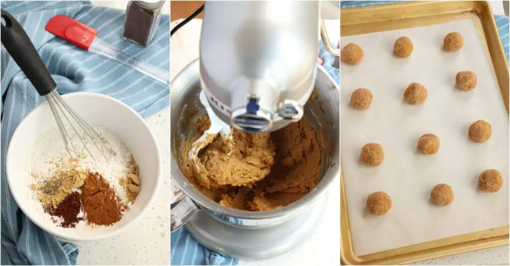 The steps to making gingersnap cookies. Whisk the flour, baking soda, salt, ginger, cinnamon, cloves, and black pepper in a medium bowl. In a large bowl, using a stand mixer with a paddle attachment or a handheld electric mixer on medium speed, cream the butter, brown sugar, and granulated sugar until light and fluffy. This will take several minutes. 

Then, reduce the speed to low and add the egg and molasses, mixing just until combined. Add the dry ingredients to the wet mixture, mixing until combined, scraping down the bowl and beaters when needed. Roll each cookie dough ball through the sugar. Place them on a parchment-covered baking sheet with at least 2 1/2 inches between each cookie.