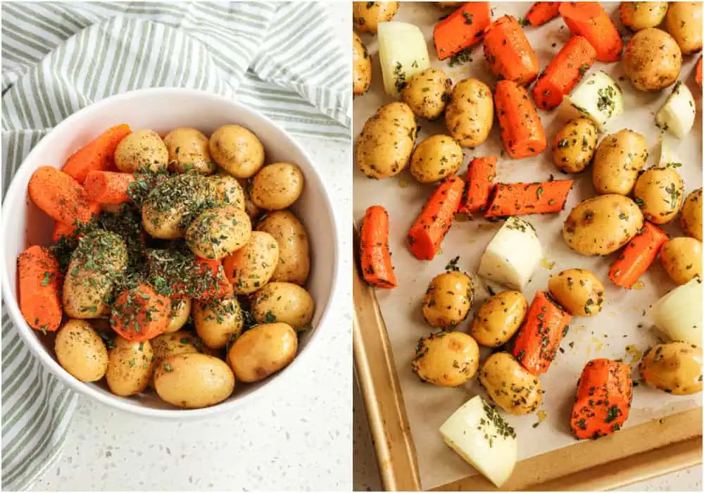 Some of the steps to making roasted potatoes. add the vegetables to a large bowl. Drizzle with olive oil and toss to coat. Sprinkle with salt, pepper, chopped fresh rosemary, and chopped fresh thyme.

Cover a large sheet pan with parchment paper. Spread the vegetables over the parchment paper, leaving space between the vegetables for the heat to reach.