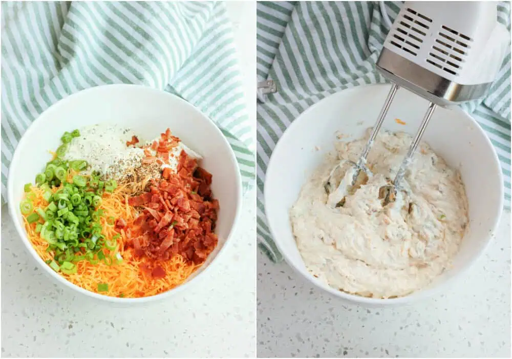 add the cream cheese, sour cream, ranch seasoning mix, shredded cheddar cheese, green onions, and ground pepper to a medium mixing bowl. Beat the mixture with a handheld electric mixer until smooth and creamy. Stir in the chopped bacon. 