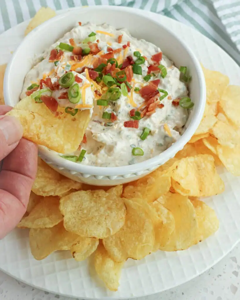 A potato cchip and a  bowl full of crack dip. 