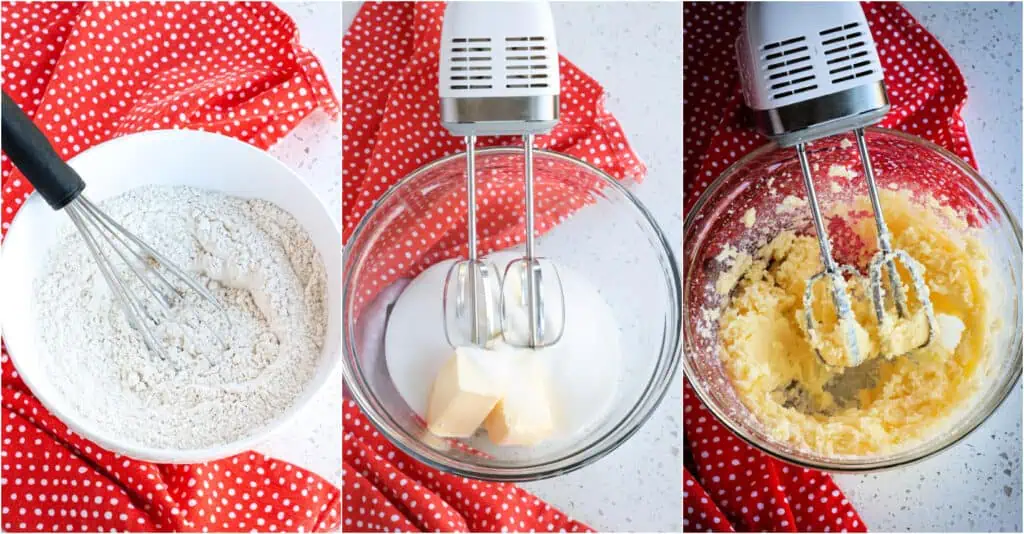 Some of the steps to making cherry pie bars. Start by whisking the flour, salt, baking powder, and baking soda in a medium bowl. Using a handheld mixer on medium speed in a large mixing bowl, cream the butter and sugar until light and fluffy.