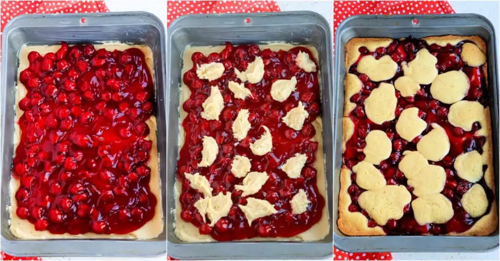 Some of the steps to making cherry pie bars. Spread the cherry pie filling over the batter. Drop the remaining batter by rounded tablespoons onto the cherry pie filling. Bake for 30-35 minutes or until golden brown. Remove the pan to a wire rack to fully cool for at least 1 hour up to overnight. 