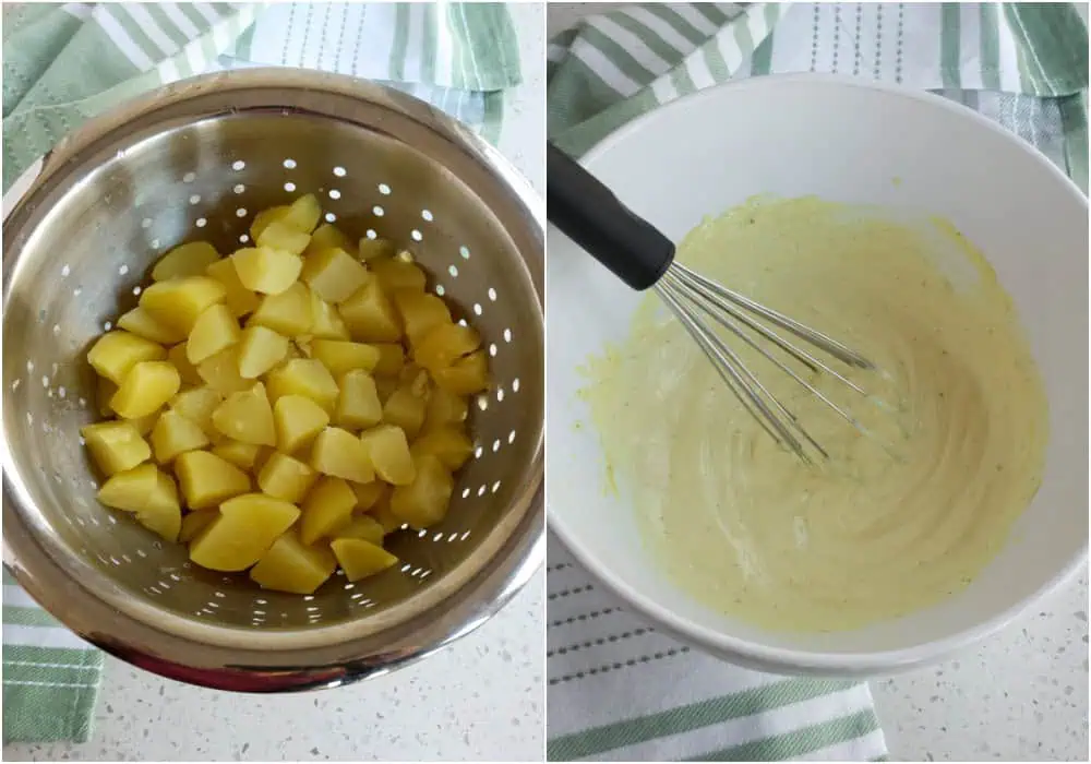 Some of the steps to making southern potato salad. Drain them in a colander and let them cool a bit while you make the dressing. In a large mixing bowl, whisk together the mayo, yellow mustard, and apple cider vinegar.