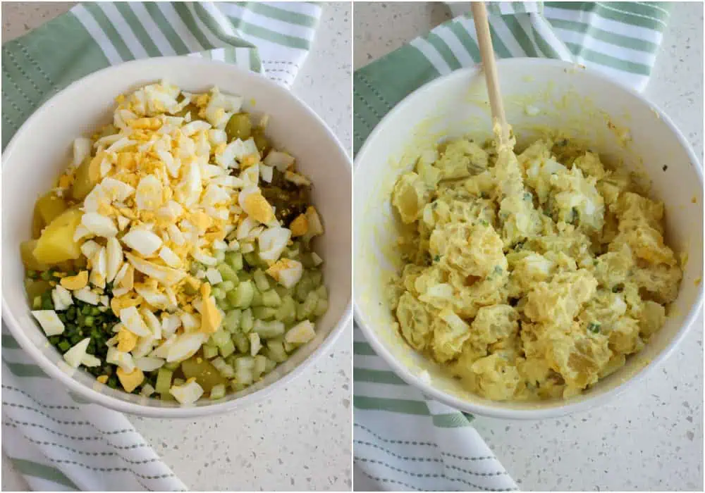 Some of the steps to making southern potato salad. Add the pickle relish, hard-boiled eggs, celery, green onions, and drained potatoes. Gently fold the veggies into the dressing. Season with salt and fresh ground black pepper to taste. 