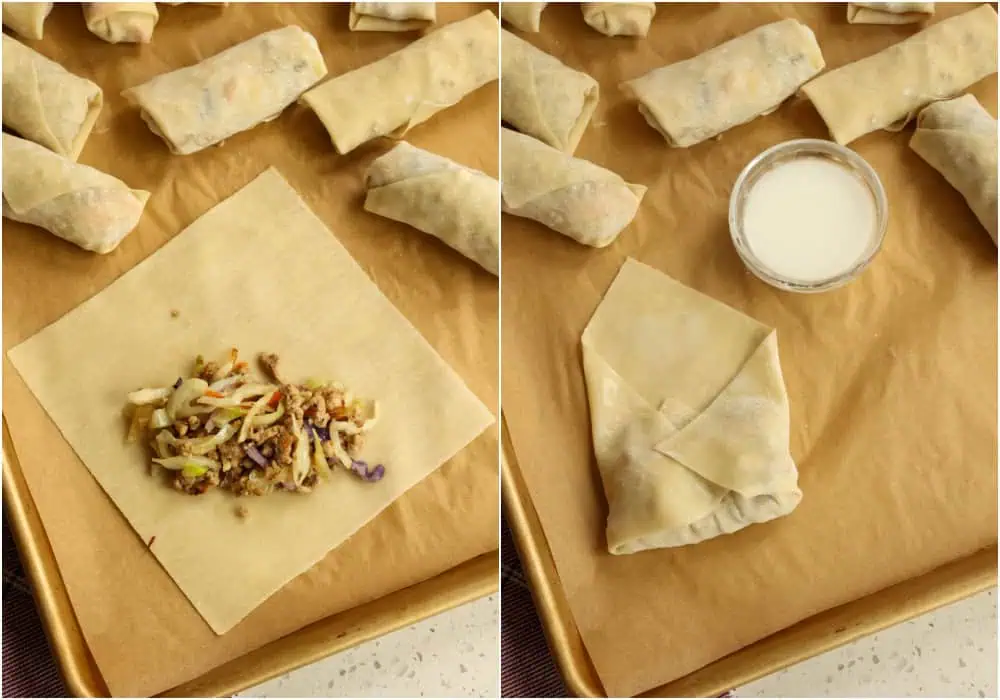 Some of the steps to making egg rolls. Place the egg roll with one corner pointed to you like a diamond shape. Add about 1/4 of a cup of the cabbage mixture onto the egg roll as pictured above. Bring up the bottom point and fold it over the mixture. Fold in the sides, making it almost look like an open envelope.