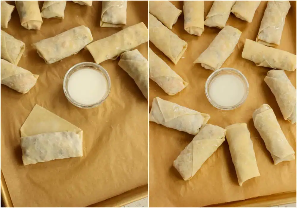 Some of the steps of making egg rolls. Now whisk together the water and cornstarch. Using your fingers or a small brush, apply the cornstarch mixture to the open point and roll up the egg roll. Repeat until all the cabbage mixture is gone. 