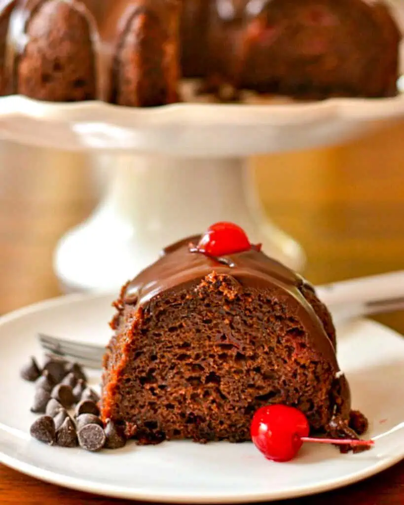 A piece of chocolate cherry cake on a single serving plate with a fork. 