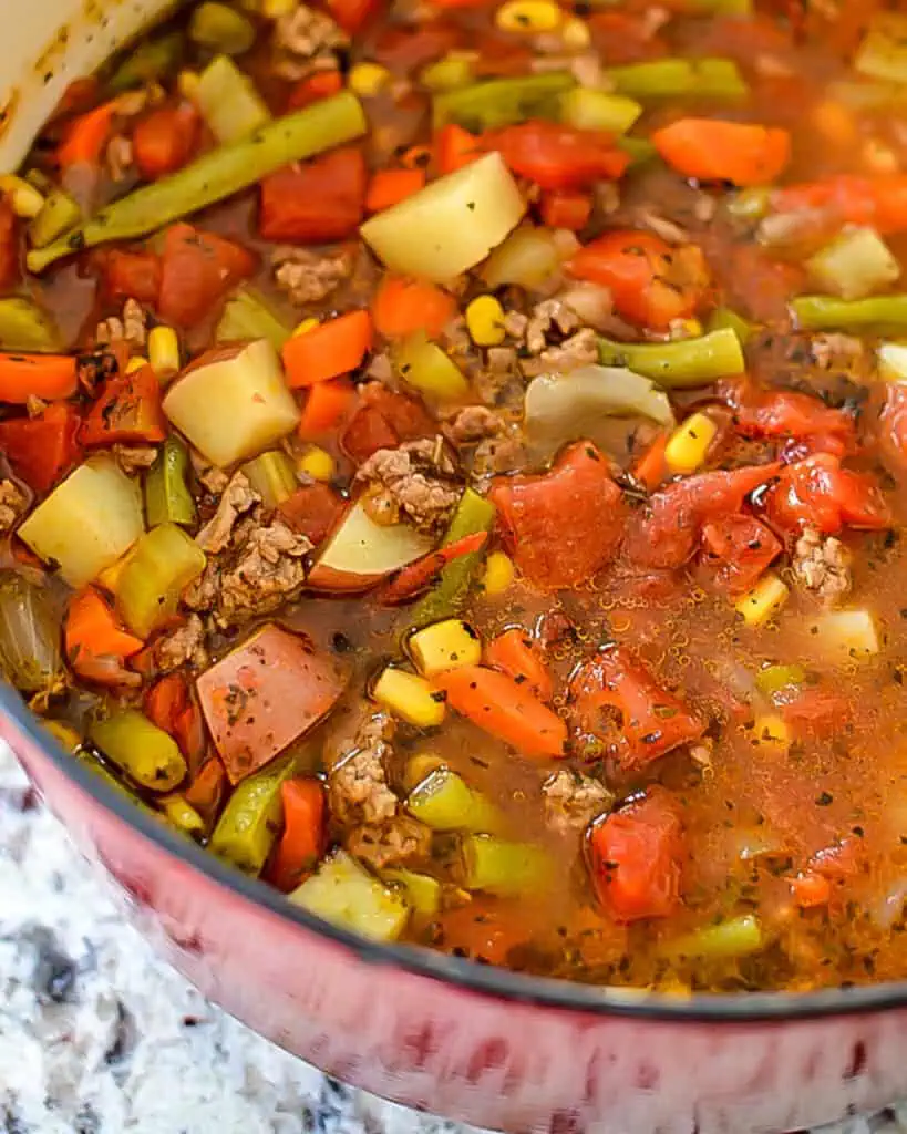 A Dutch oven full of hamburger soup