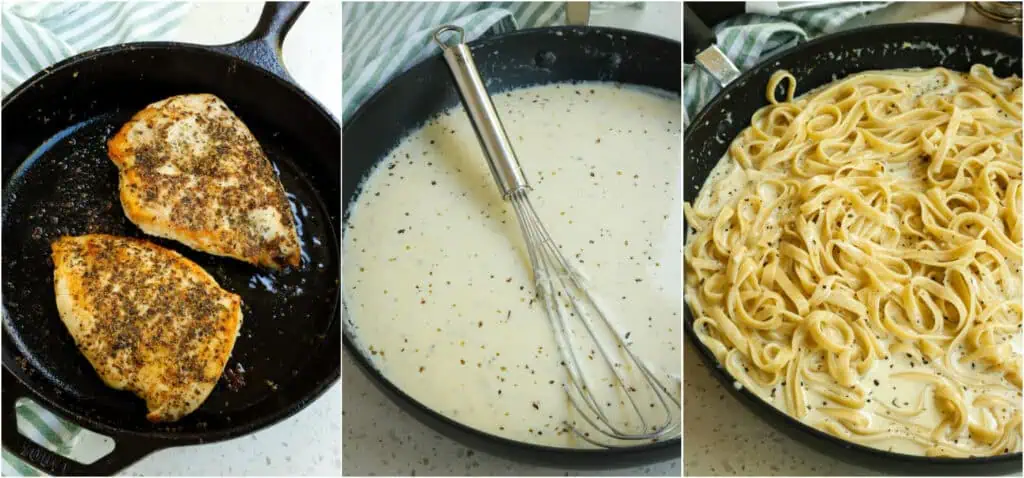 Some of the steps to making fettuccine alfredo. Brown and cook the chicken breasts with seasoning, prepare the sauce, and cook the fettuccine. Combine the fettuccine, alredo sauce, and chicken. 