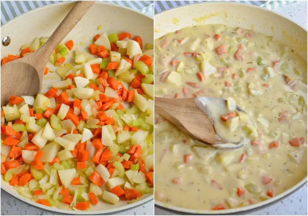 Cook until the onions and celery are soft and the carrots and potatoes start to soften. Plate the vegetables and melt the butter in the same skillet.

Whisk in the flour and cook for 2-3 minutes while whisking almost constantly. Then add the chicken broth and half and half, alternating between the two while whisking until smooth. Now add the salt, black pepper, and nutmeg. Return the vegetables to the skillet and simmer until all the vegetables are just tender.