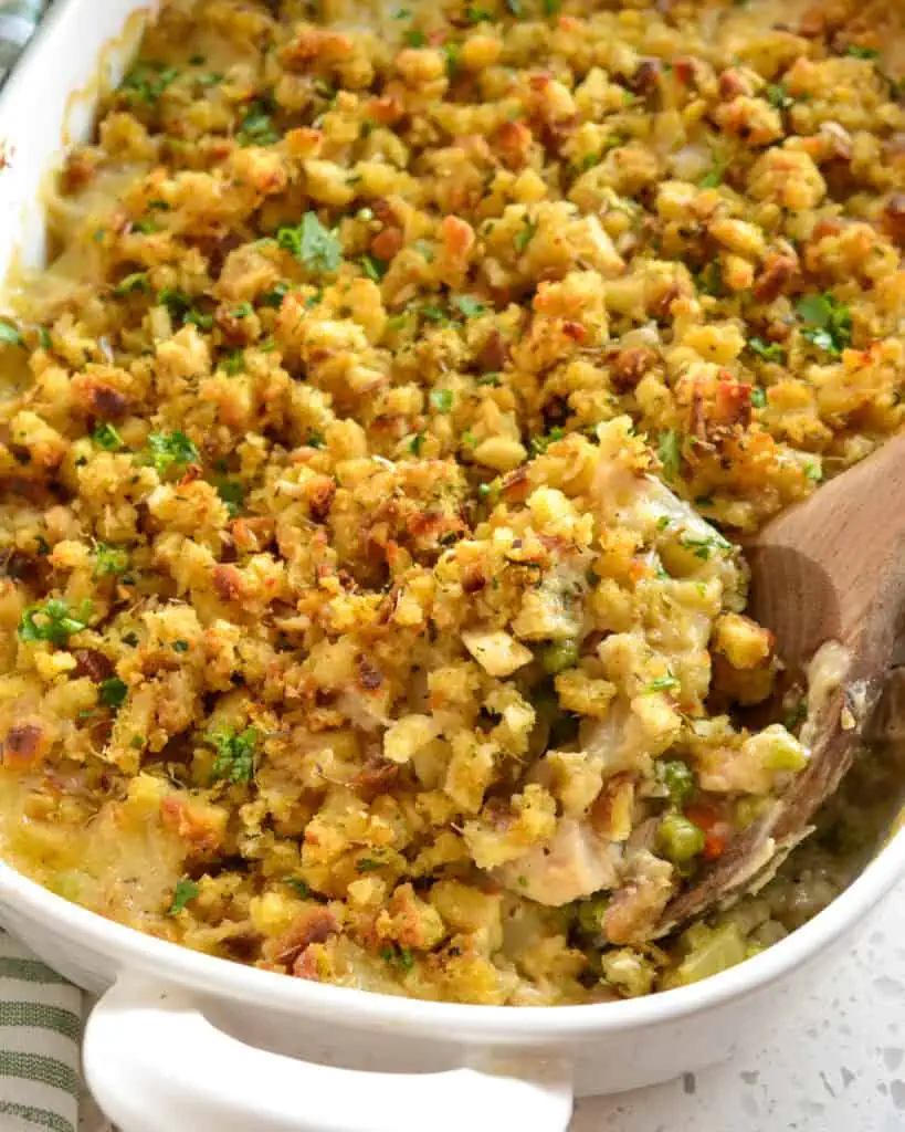 An overhead view of chicken stuffing casserole. 