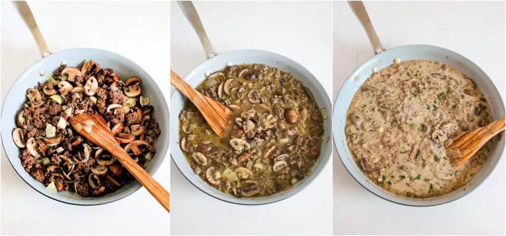 Some of the steps to making ground beef stroganoff. Brown the ground beef in a large skillet over medium heat. Halfway through the browning process, add the butter, onion, and mushrooms. Continue cooking until the beef is cooked through and the mushrooms are brown. Add the beef broth, Worcestershire sauce, and Dijon mustard, stirring to combine. Simmer over low heat for about ten minutes. Then, stir in the sour cream. Season with salt and freshly ground black pepper. 