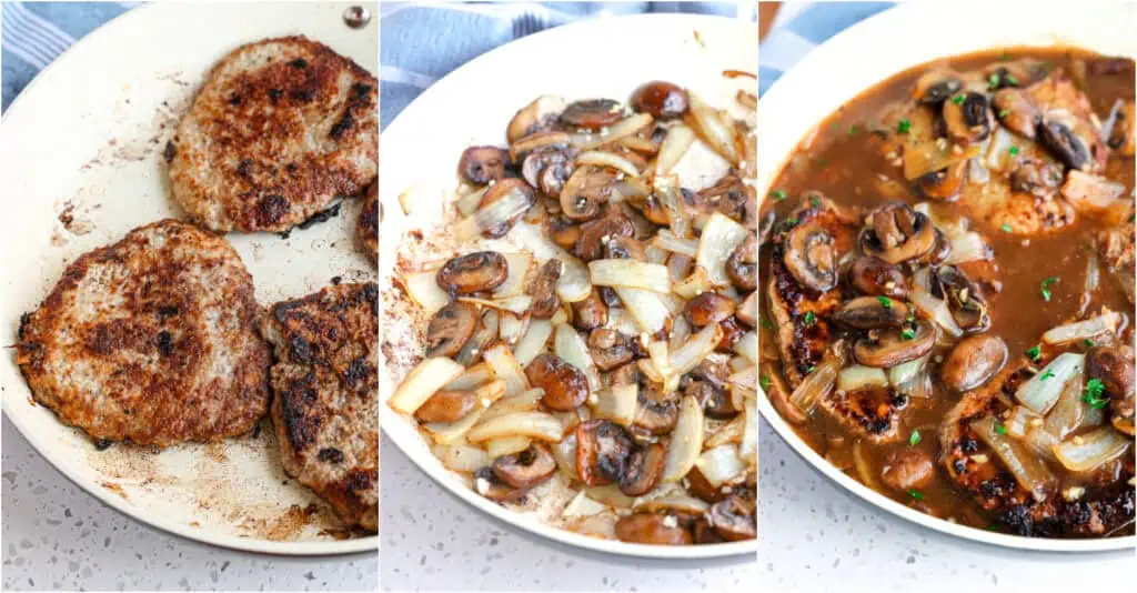 Some of the steps to making cube steak. Brown both sides of the cube steak, cook the mushrooms and onions. Pour in the beef broth (reserve 1/4 cup), stirring the liquid to loosen any brown bits on the bottom of the skillet. Add the Worcestershire Sauce and fresh thyme. Whisk together the reserved broth and cornstarch and whisk it into the skillet. 