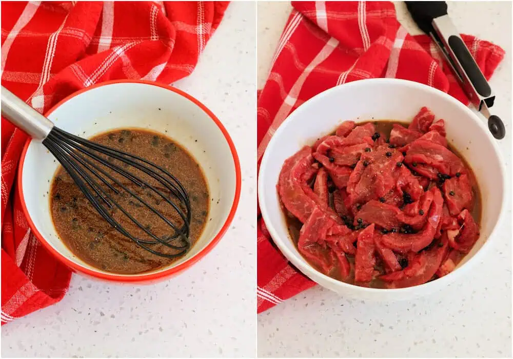 Some of the steps to making szechuan beef. First, in a medium bowl, whisk together the beef broth, low-sodium soy sauce, oyster sauce (or hoisin sauce), rice vinegar, sesame oil, brown sugar, cornstarch, and Szechuan peppercorns. Add the sliced flank steak to a large bowl, pour half of the marinade over the top, toss to coat, and cover the bowl with plastic wrap. Set the remaining marinade aside to use as a sauce.
Let the steak marinate at room temperature for about 30 minutes.