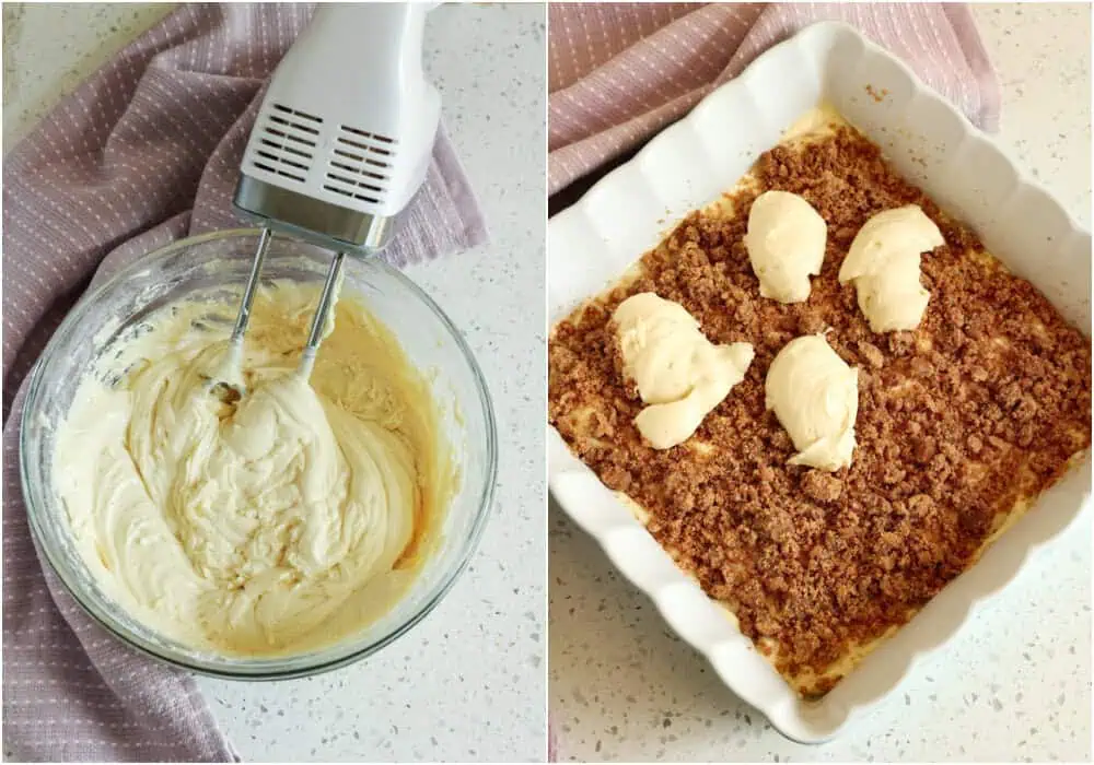 Some of the steps to making sour cream coffee cake. Pour half of the cake mixture into a baking pan that has been coated with nonstick baking spray. Sprinkle with half the streusel mixture and carefully spoon the rest of the cake batter on top.