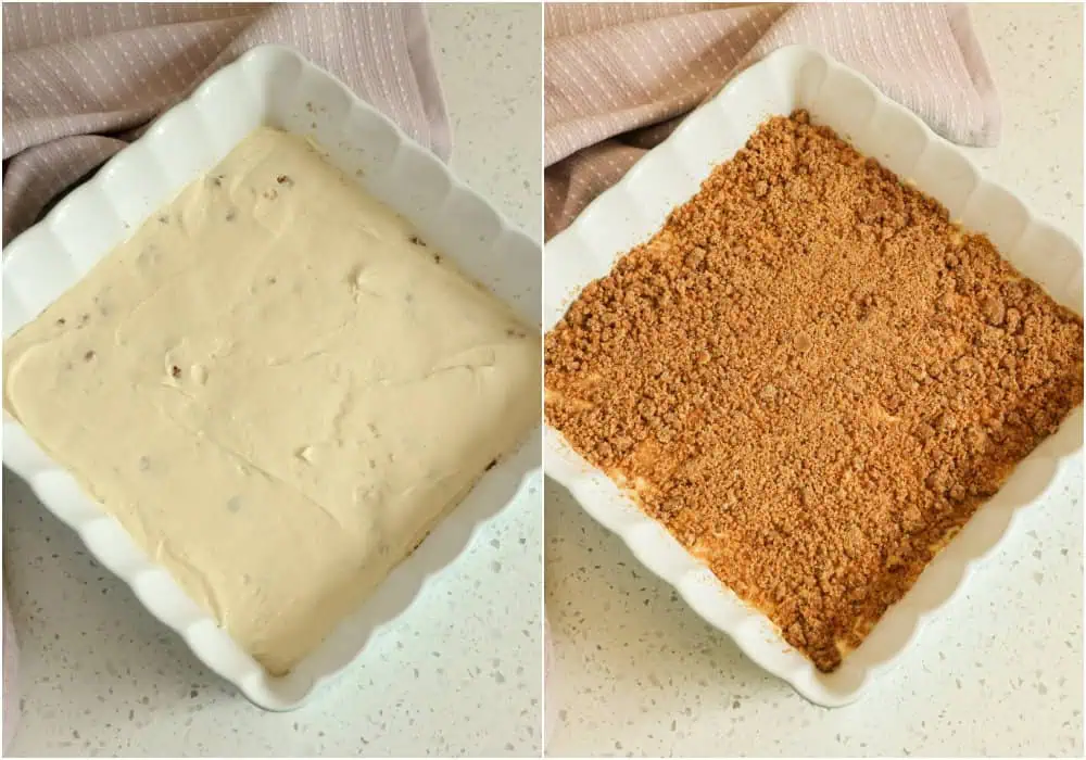 Some of the steps to making sour cream coffee cake! Pour half of the cake mixture into a baking pan that has been coated with nonstick baking spray. Sprinkle with half the streusel mixture and carefully spoon the rest of the cake batter on top.