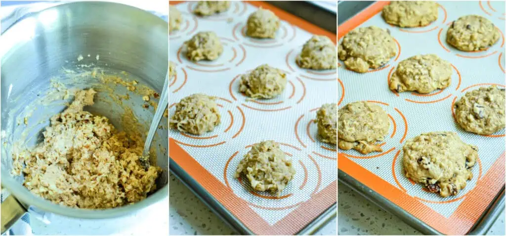 Turn off the mixer and mix in the grated apple, walnuts, rolled oats, and raisins. Drop by rounded tablespoons onto baking sheets covered with silicone mats or parchment paper. Bake for about 11 minutes or until lightly browned.