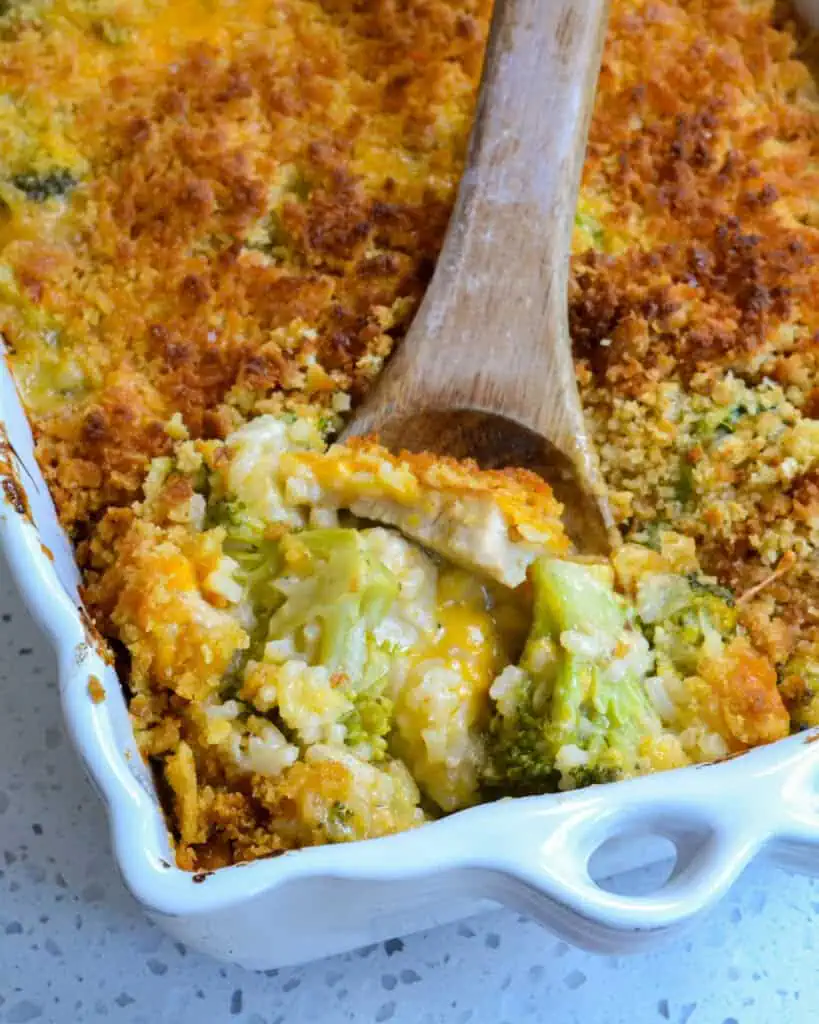 An overhead view of broccoli rice casserole. 