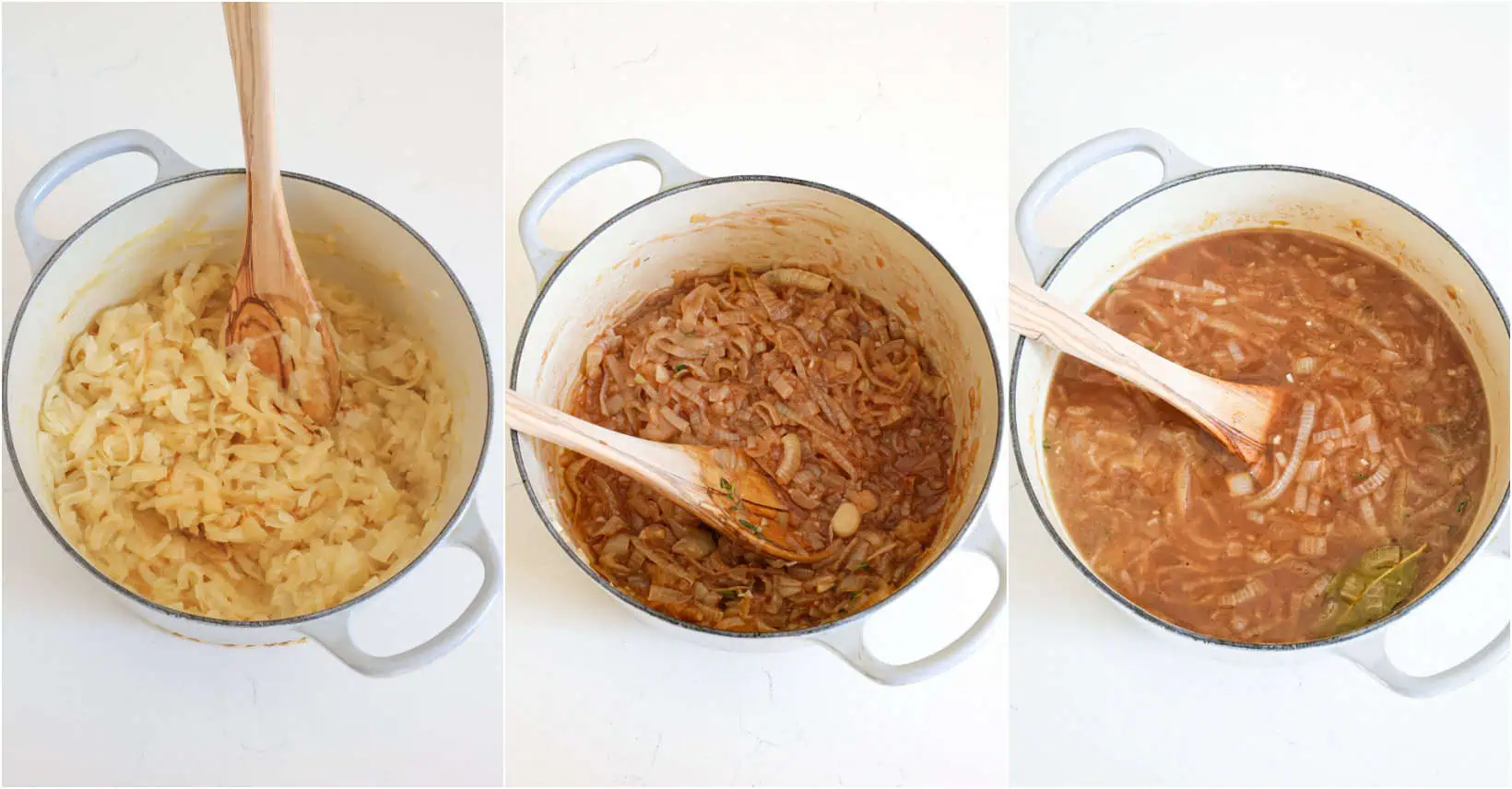 Some of the steps for making French Onion Soup. Start by heating a little butter and olive oil in a Dutch Oven or stock pot over medium heat. Add the onions and cook for about 45 minutes, stirring every few minutes, until they turn rich golden brown. If they are browning too fast, you may need to reduce the heat. Once browned, stir in the garlic and dried thyme. Add the wine and scrape the bottom of the pan to remove the browned bits—this technique is known as deglazing. Now, let the wine and onions simmer for a few minutes. 
Add the beef broth, chicken broth, Worcestershire Sauce, and bay leaf, and simmer for about 20-30 minutes.