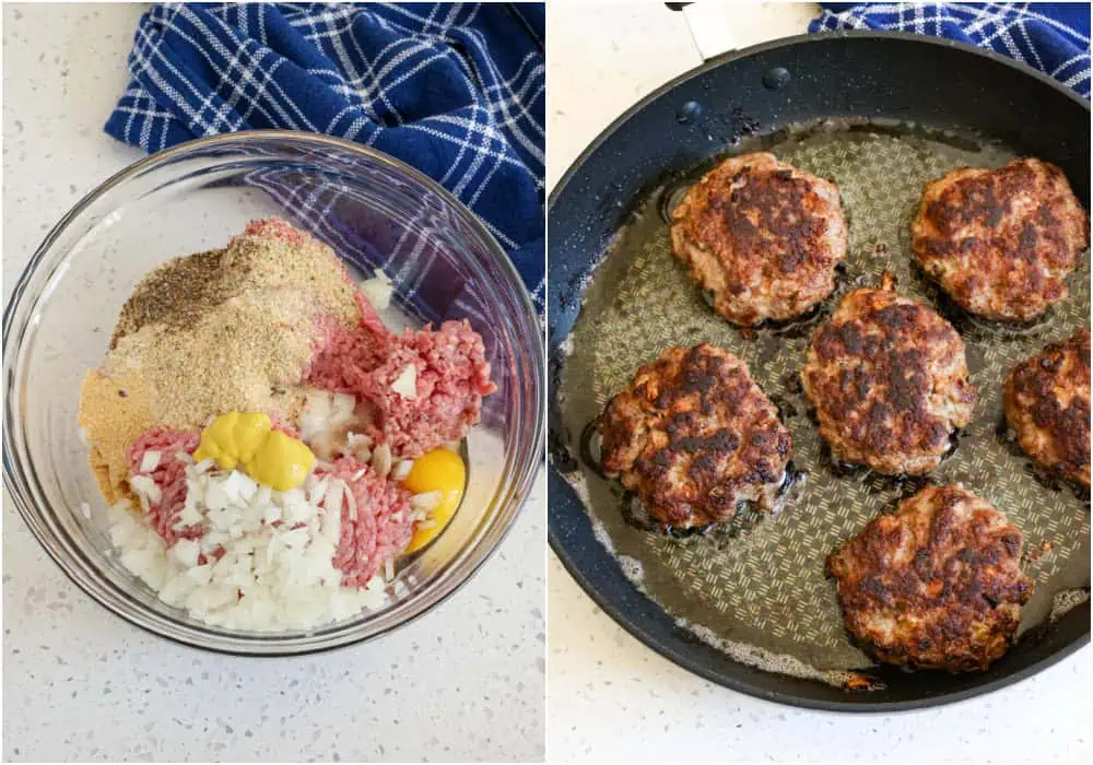 The steps for making hamburger steak with gravy. Combine the ground beef, egg, breadcrumbs, onion, garlic powder, salt, black pepper, yellow mustard, and Worcestershire Sauce. Mix gently with your clean hands and shape into burger patties. Sear the steak patties on both sides in a large skillet over medium-high heat. Remove to a plate and cover to keep warm.