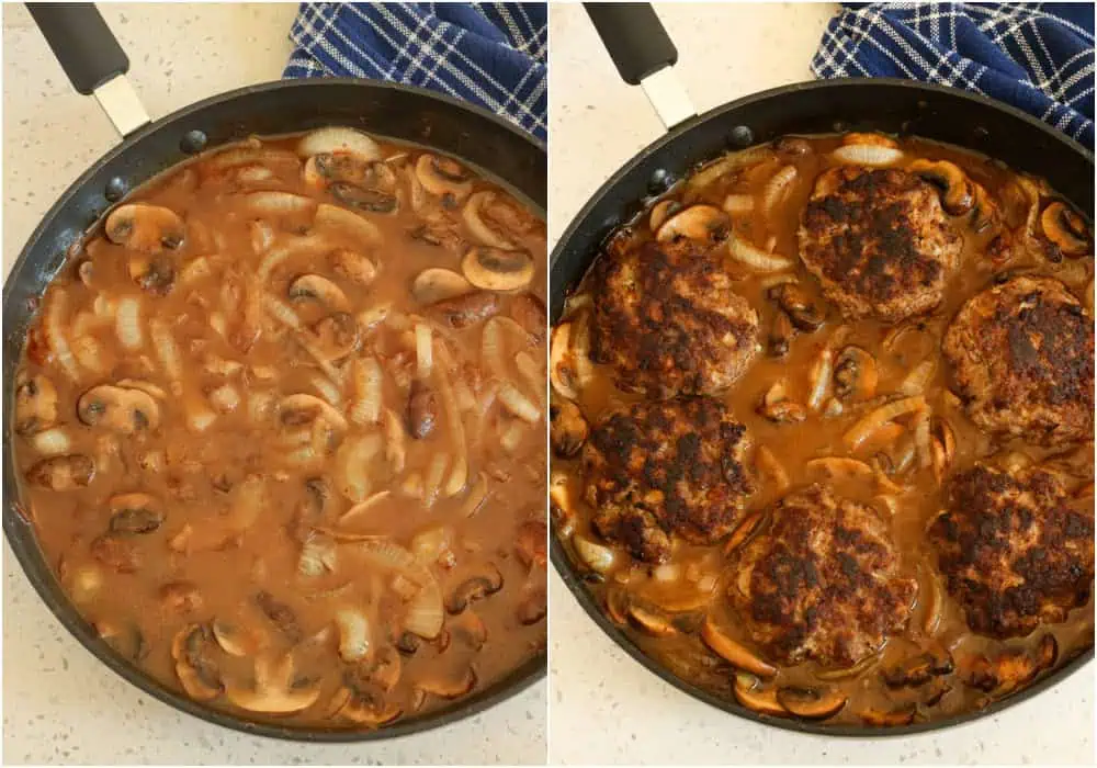 Some of the steps to making hamburger steak with gravy. Slowly pour in the beef broth and the French onion soup, scraping the bottom of the pan to loosen any brown bits. Remember, there is a lot of flavor in those brown bits. Cook until thickened, and then add the patties back to the pan. Spoon the gravy and onions over the patties, cover the pan, and simmer until the hamburger patties are cooked through. Sprinkle with fresh thyme and serve. 