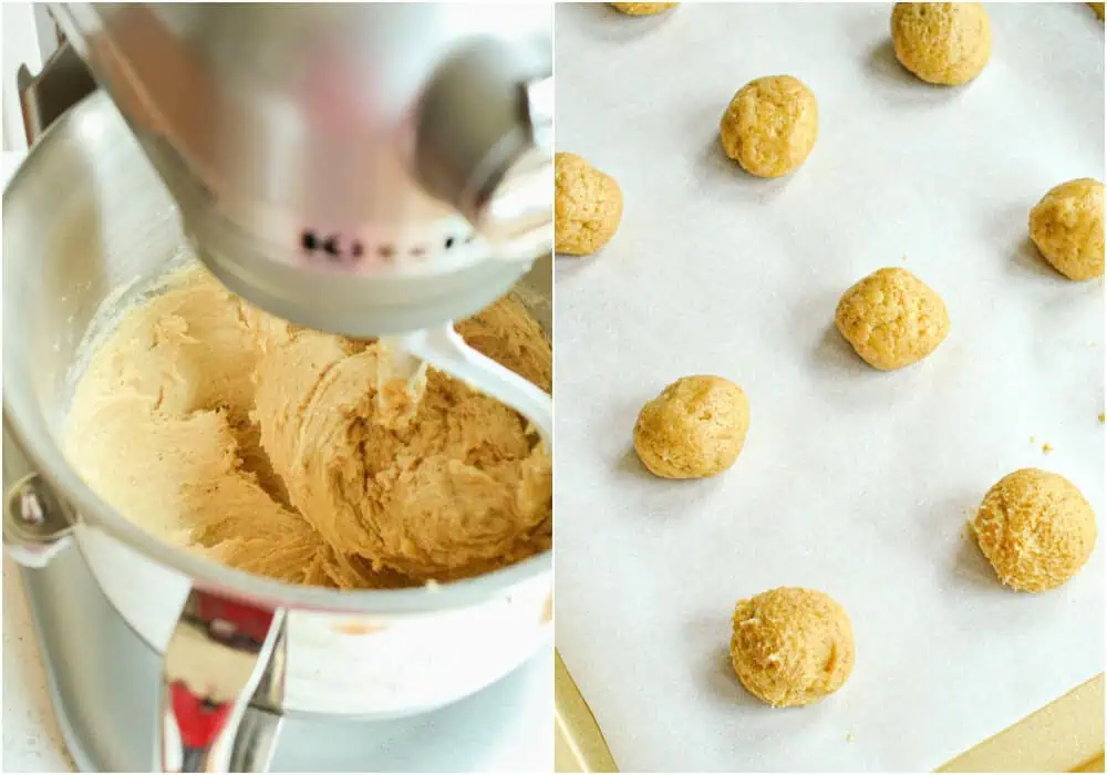 Some of the steps for making eggnog cookies. Add the dry ingredients to the wet ingredients in three increments, mixing on low until incorporated. Roll the cookie dough into about 1-inch balls.  Place on parchment-covered baking sheets 2 inches apart