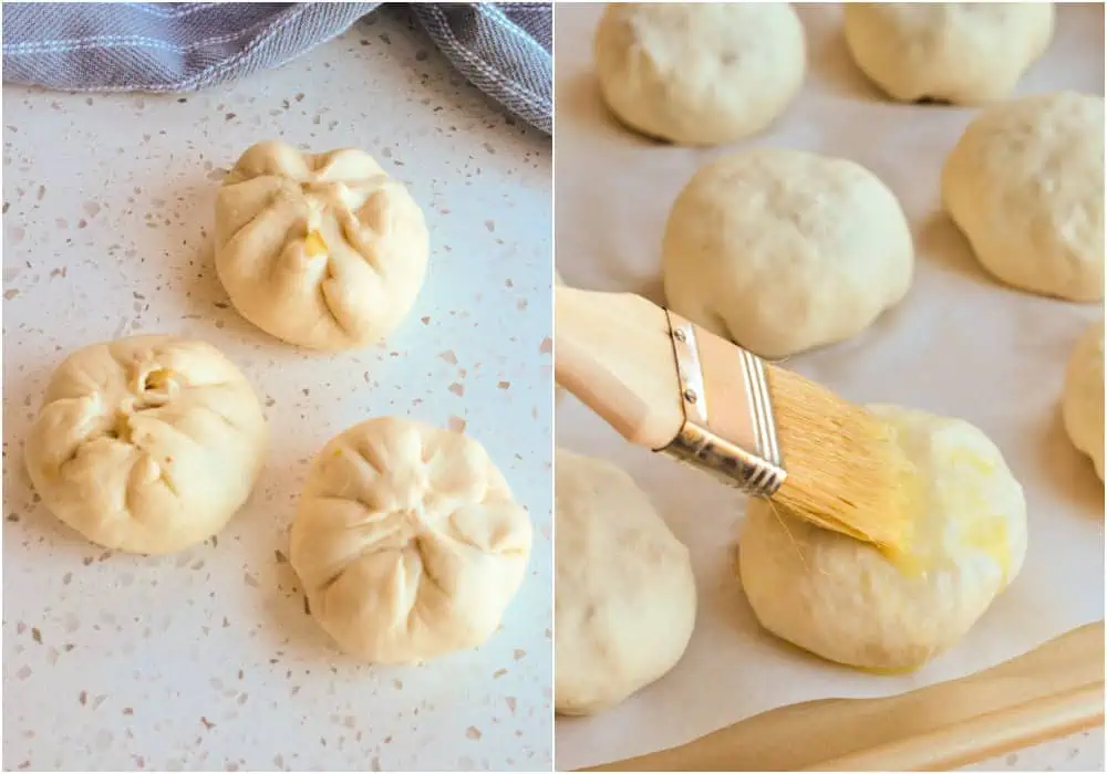 Steps to making runza. using your fingers, bring up the edges of the dough and pinch it to seal. Gently roll the dough ball in your hands to smooth the pinching.   Gently and lightly brush the balls with the egg wash. 