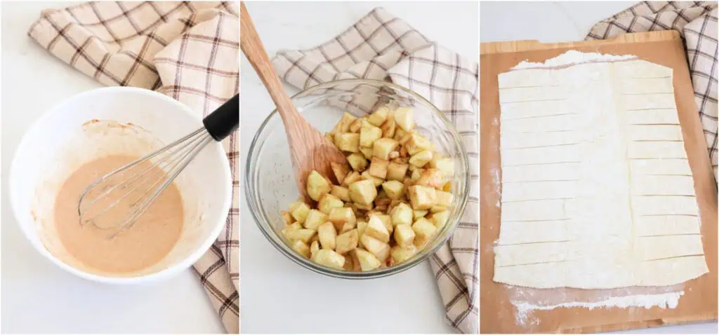 The steps to making an apple strudel. Whisk together the powdered sugar, milk, vanilla, and cinnamon in a small bowl.  Add the raisins, brown sugar, cinnamon, and nutmeg and stir to combine. Toss the apples with the lemon juice in a large bowl. Add the raisins, brown sugar, cinnamon, and nutmeg and stir to combine. Cut the dough into strips using a pizza cutter, skipping the middle and carefully lining up the cut as close as possible on each side. 