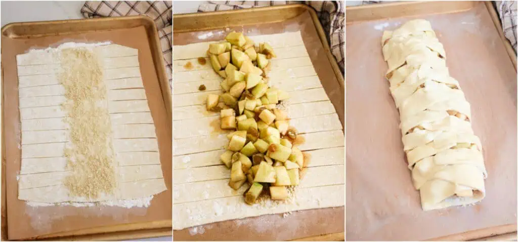 The steps for making apple strudel. Sprinkle the center with breadcrumbs, and layer the apple filling down the center of the puff pastry on top of the breadcrumbs. Fold each strip across at a slight downward angle, starting with the left or the right. So you will go left, right, left, right, left, right. 
