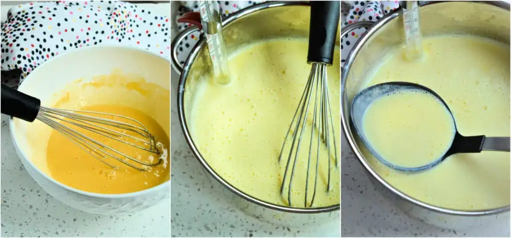 The steps to making eggnog. in a large bowl, whisk the egg yolks and sugar together, adding the sugar a couple of tablespoons at a time and mixing thoroughly. Using a soup ladle, spoon about half a ladle full of the hot milk mixture into the eggs and whisk to combine.  Continue adding more and more until most of the milk mixture has been mixed in. Make sure you are whisking thoroughly after each addition.  Pour the egg mixture back into the pan on the stove with the remaining milk mixture. Then cook until the mixture reaches 160-170 degrees F, whisking constantly.