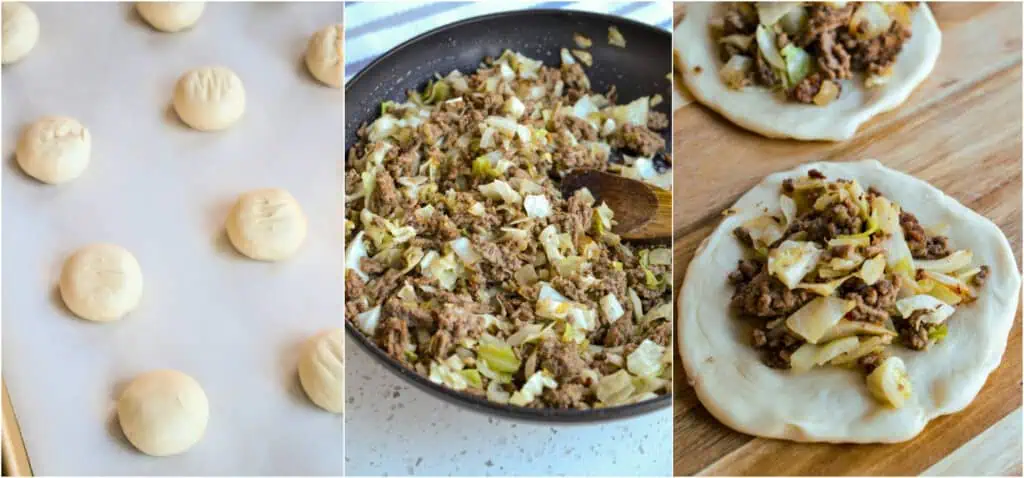 Some of the steps to making runzas. Take the dough out of the freezer and let it rise. cook the beef in a large skillet over medium-high heat. When the beef is about halfway browned, add the butter, onion, and cabbage. Cook until the beef is browned and the onions and cabbage are soft. Pat out the thawed dough and scoop a rounded spoonful of hamburger mix into the center of the dough. 