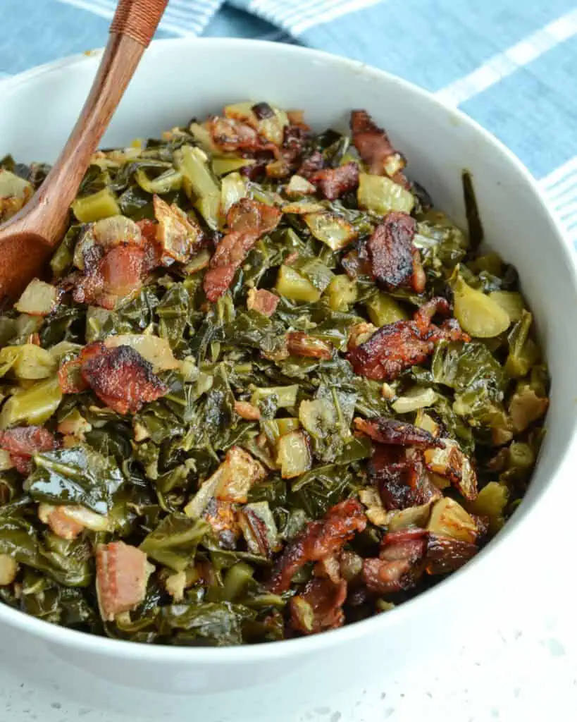 Collard Greens are slow-simmered greens with bacon, onion, garlic, and a perfect blend of seasonings to give them that down-home, fresh off-the-farm Southern touch.