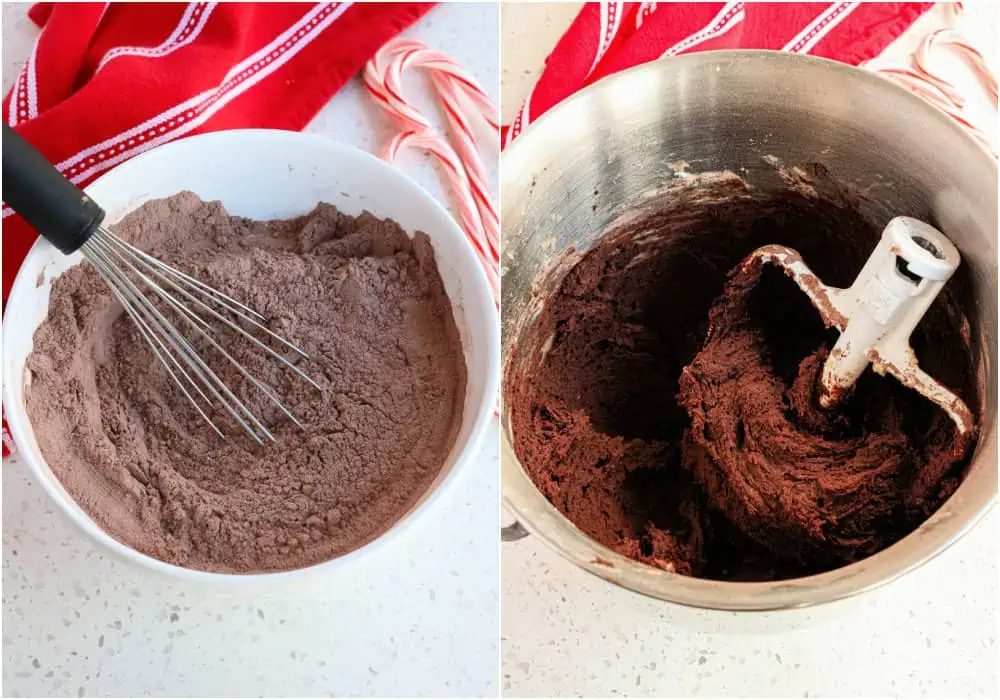 The steps for making chocolate peppermint cookies. Mix the flour, cocoa powder, baking soda, and salt in a medium bowl. Set the bowl aside for a few minutes. Then, using a stand mixer with the paddle attachment on medium speed, beat the butter, granulated sugar, and brown sugar until light and fluffy. Reduce the speed to low and add the eggs one at a time, mixing just until combined. Add the peppermint extract and mix just until combined. Add the dry ingredients to the wet ingredients in several increments, scraping down the bowl and beater when needed.