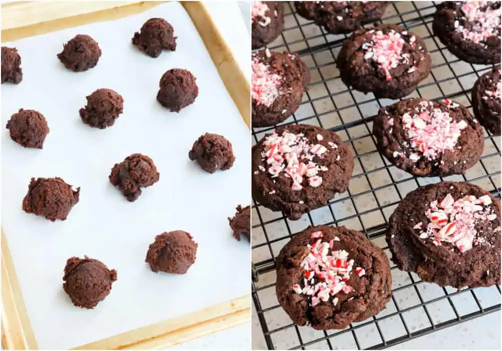 Steps to making chocolate peppermint cookies. Use a 1 1/2 tablespoon cookie scoop to make the cookie dough balls. Place them on parchment paper-covered baking sheets with about 2 inches between them. Bake for 10-12 minutes. Remove the cookies from the oven and immediately sprinkle them with the crushed candy canes. Gently press the tops down with the flat side of a spatula so the candy canes stick to the dough. Let the cookies cool for 5 minutes before moving them to a cooling rack.