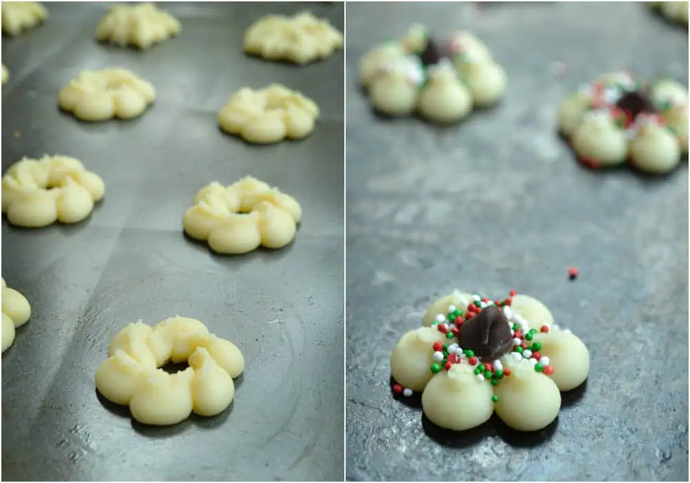 Fill the cookie press with the mixture and press the cookie dough onto a cool baking sheet about 1 inch apart.