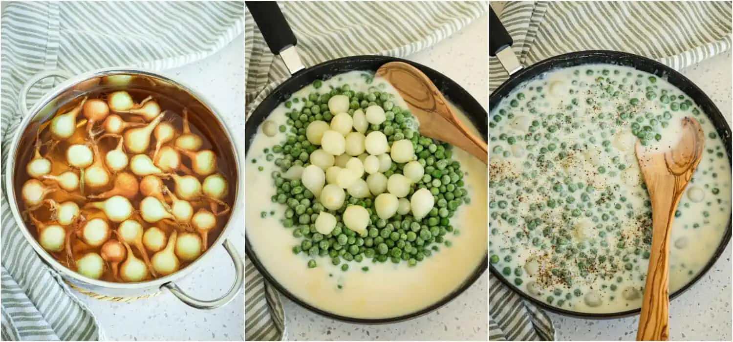 Some the steps to making creamed peas, Blanch the pearl onions in a saucepan full of boiling water for 2 minutes, and then pinch the stem end, and the pearl onion will pop out. 

Now, in a large skillet over medium heat, melt the butter. Whisk in the flour and continue whisking until the mixture is a light golden brown. Slowly whisk in the milk and continue cooking until the mixture is slightly thickened. Then add the peas and pearl onions to the cream mixture and simmer. Finally, salt and pepper to taste and garnish with fresh herbs!