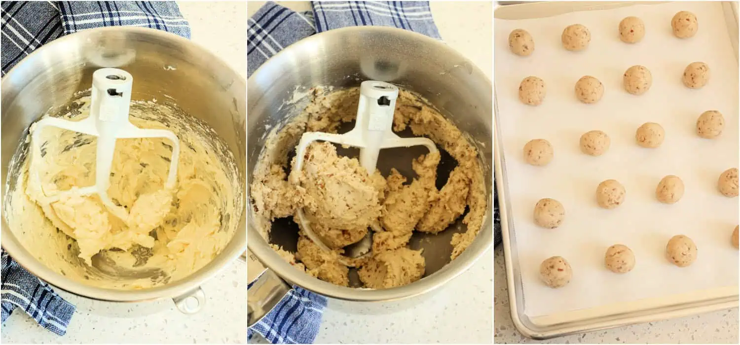 The steps to making snowball cookies. 