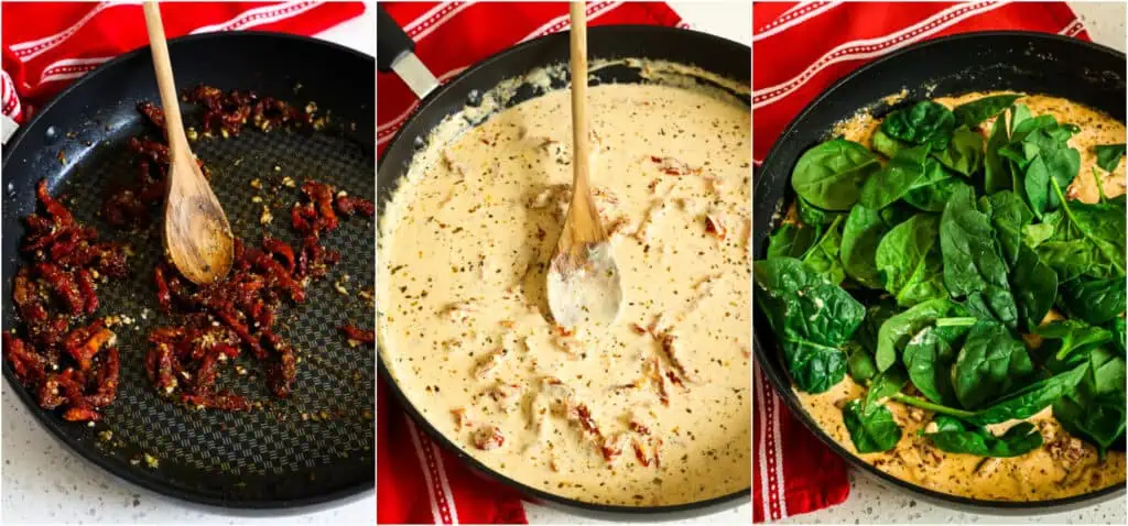 Some of the steps to making sundried pasta. Meanwhile, add 1-2 tablespoons of olive oil or the oil packed with the sundried tomatoes to a large skillet over medium heat. Then, add the sundried tomatoes and sauté for about 2 minutes. Add the garlic and Italian seasoning and cook for 30-60 seconds, stirring constantly. Then, pour in the white wine and simmer for several minutes to reduce the wine by half. Whisk in the whipping cream and simmer for about 5 minutes to reduce. Reduce the heat to low and slowly stir in the parmesan cheese until melted. Add the spinach and cook until wilted.