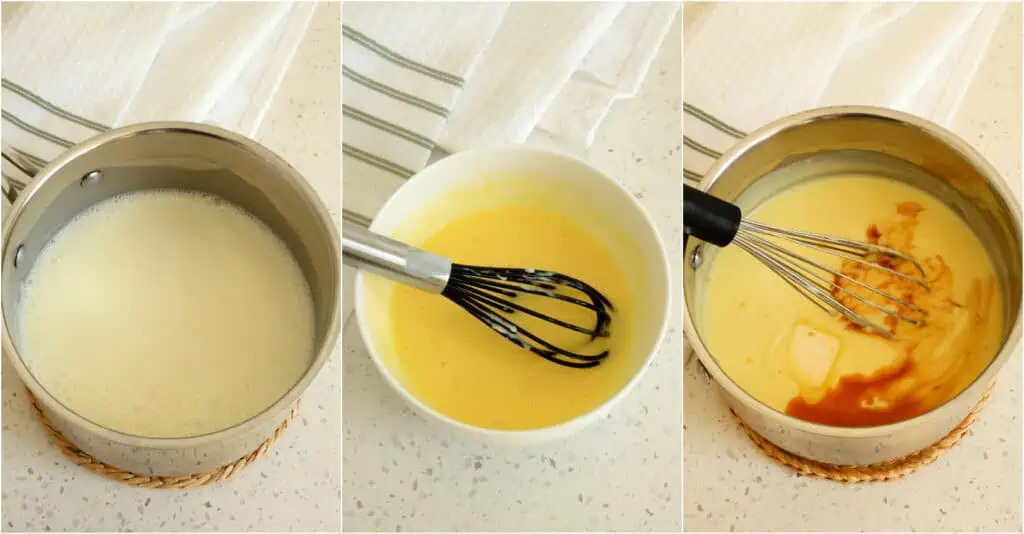 Steps to making vanilla custard. Add the egg yolks to a small bowl. Whisk together the milk, cream, sugar, cornstarch, and salt in a medium saucepan over medium heat. Whisk frequently until it starts to simmer. Remove the mixture from the heat. Whisk 2-3 tablespoons of the hot mixture into the egg yolks. Repeat a couple of times until the egg yolks are warmed.

Return the saucepan to medium-low heat and slowly drizzle in the egg mixture while whisking. Do not let the mixture boil. Continue cooking and whisking for 2-3 minutes or until the mixture has thickened and reached approximately 180 degrees. Remove from the heat and stir in the butter and vanilla. Let it cool for a couple of minutes while whisking. Pour the custard through a fine mesh sieve into a bowl.