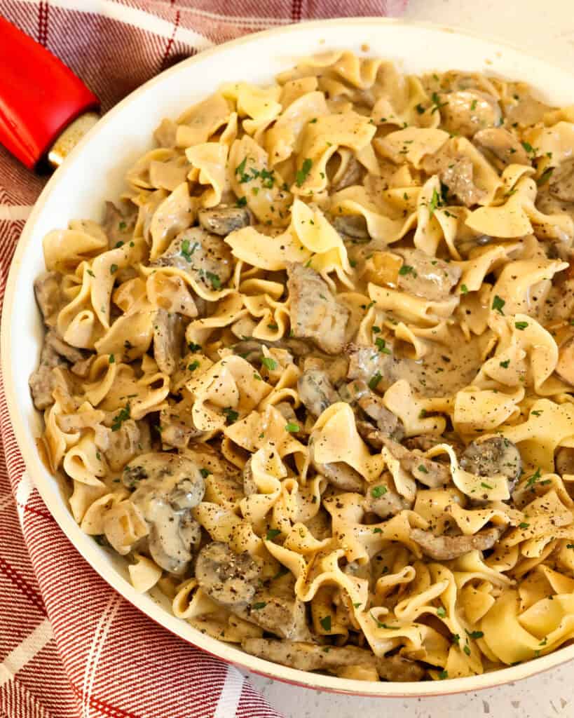 A large skillet full of homemade beef stroganoff