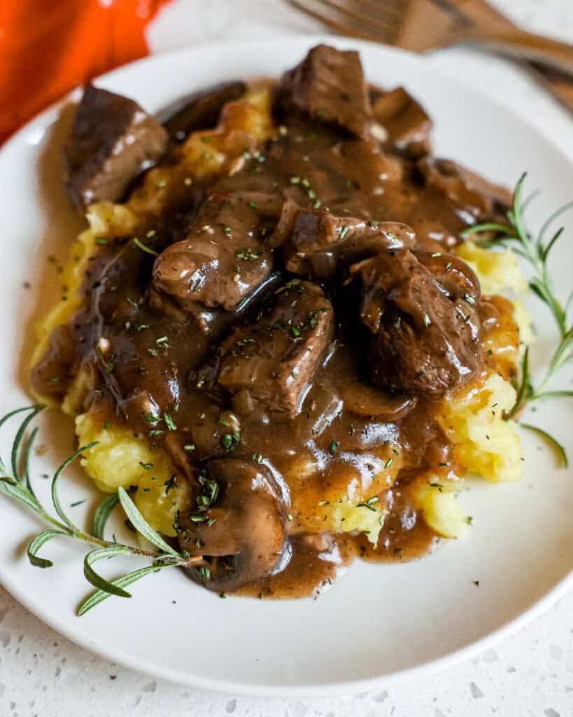 Overhead view of beef tips and gravy. 