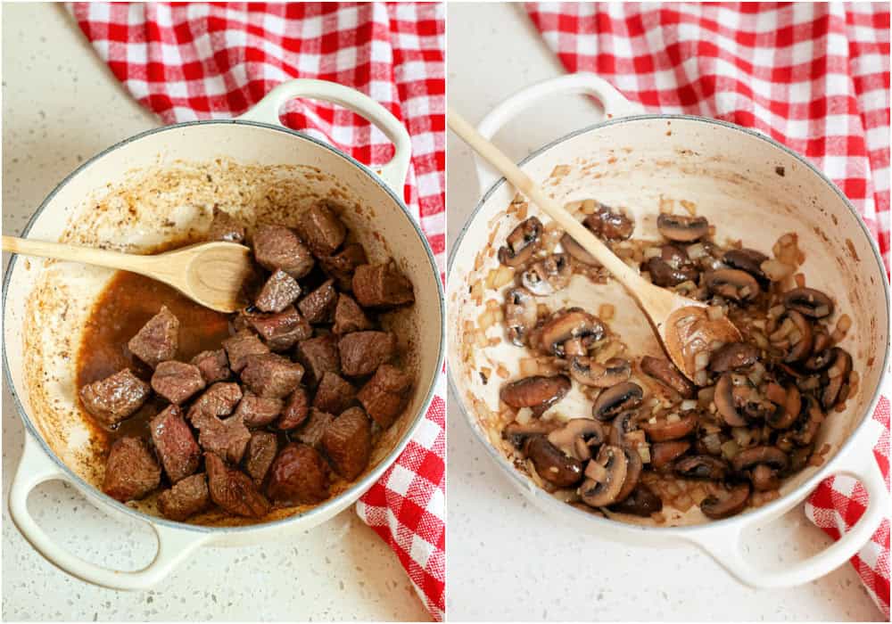 Some of the steps for making beef tips and gravy. Brown and sear the beef chunks on all sides. Work in batches so you do not crowd the pan. Plate the browned beef chunks, reserve any pan juices, and cover to keep warm.

Then, melt the butter in the pot over medium heat. Add the mushrooms and cook for a few minutes. Add the onions and cook until they soften and the mushrooms turn a nice golden brown. Reduce the heat to low, add the garlic, and cook for one additional minute.