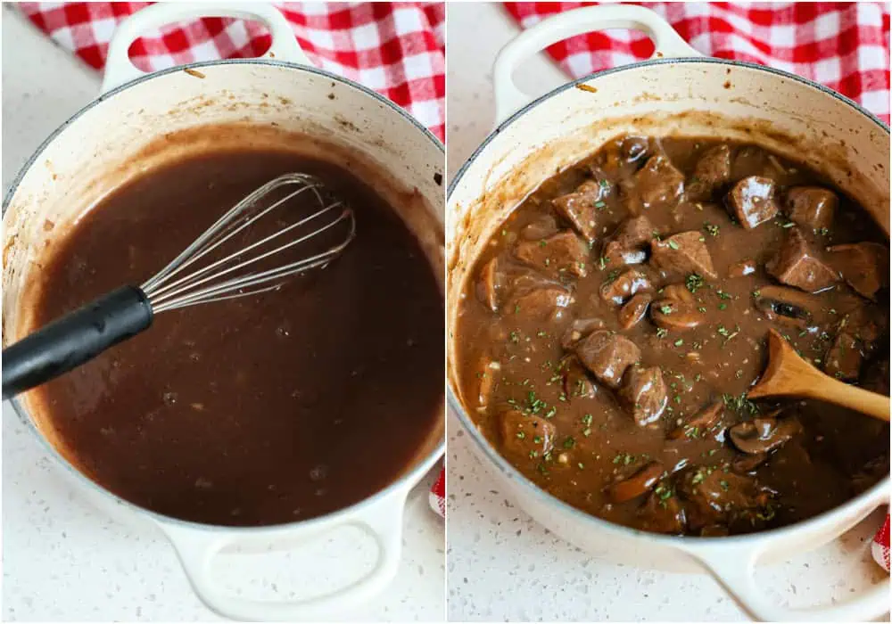 Some of the steps for making beef tips and gravy.  Stir in the beef broth, Worcestershire sauce, and soy sauce. Bring the mixture to a boil and then reduce to a simmer. Combine the cornstarch and the water in a small bowl or measuring cup. Slowly pour it into the simmering mixture while stirring. Add the mushroom mixture and beef tips with any pan juices back to the skillet and gently simmer for 10 minutes to thicken the mixture and finish cooking the beef. 