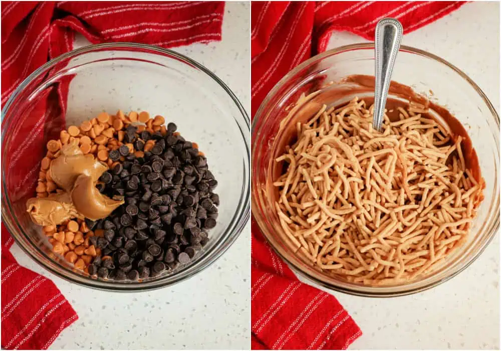 The steps for making chocolate haystacks. heat butterscotch chips, semi-sweet chocolate chips, and peanut butter in the microwave at 50% power for 30-60 second intervals until melted and smooth. Stir until the bowl is no longer warm between each interval. Stir in the chow mein noodles. Using a large ice cream scoop or cookie scoop, drop the haystack cookies in a single layer with space between on parchment-paper covered baking sheets.